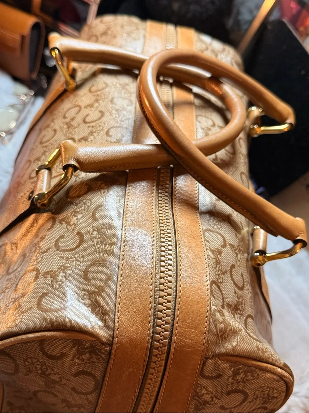 Celine Vintage Tan Monogram Travel Duffel
